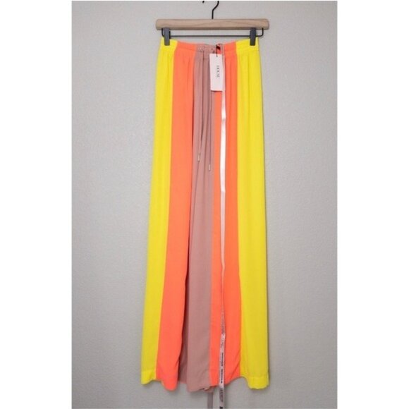 NWT House of CB Margot Wide Leg Stripe Pants XS Yellow Neon Coral Sheer Cover Up - Picture 4 of 11